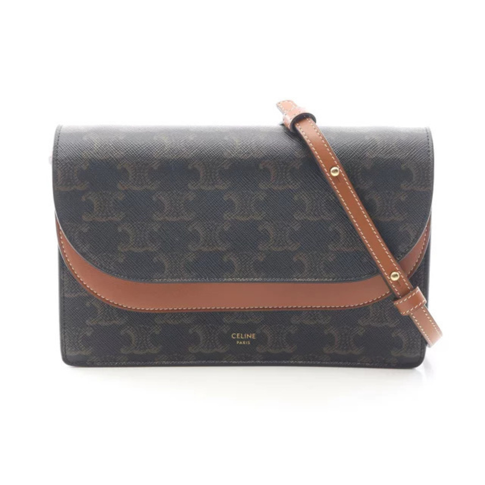 Celine Tan Triomphe Shoulder Bag Canvas Leather Black Brown